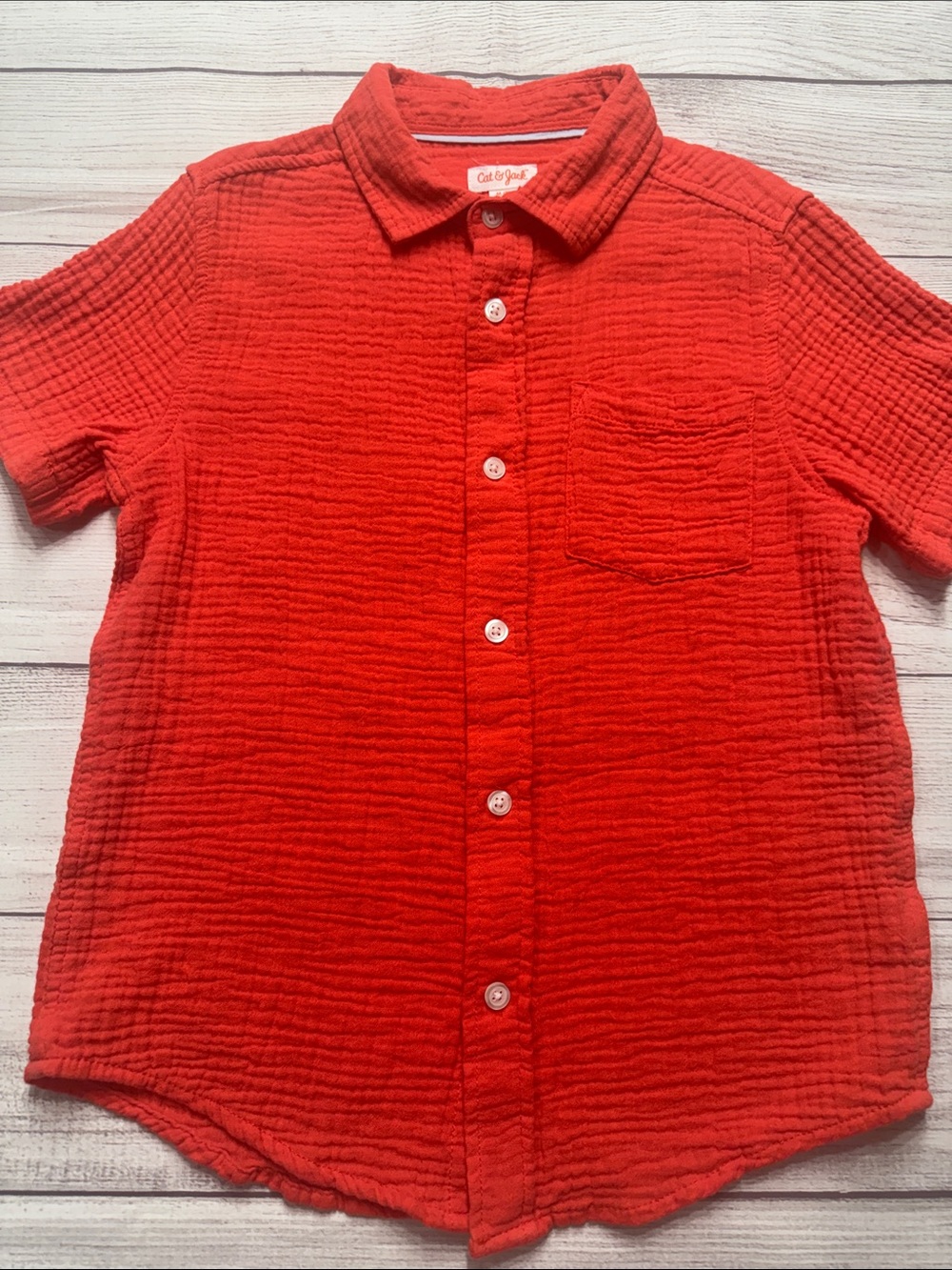 Cat & Jack Boys Bright Coral Short-Sleeve Textured Button-Front Shirt